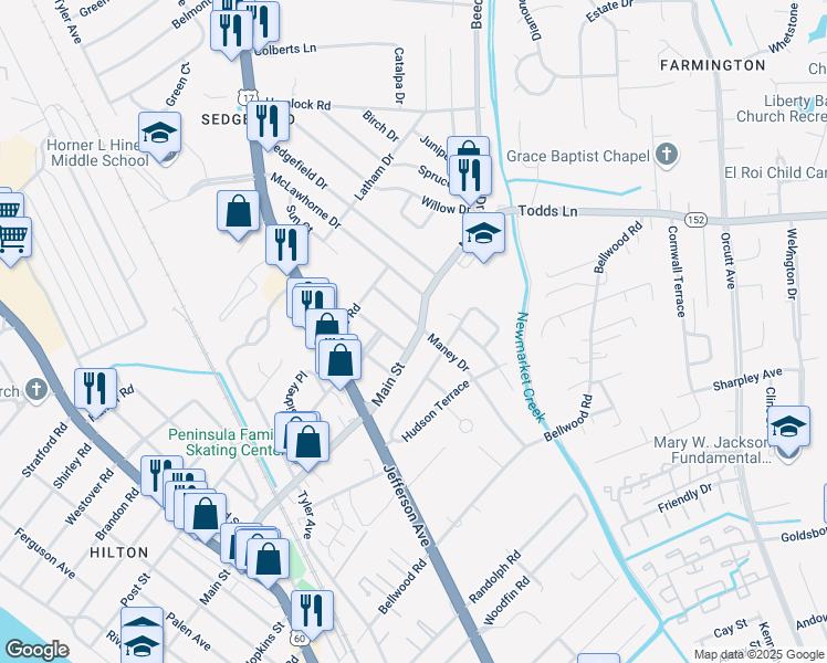 map of restaurants, bars, coffee shops, grocery stores, and more near 301 Maney Drive in Newport News