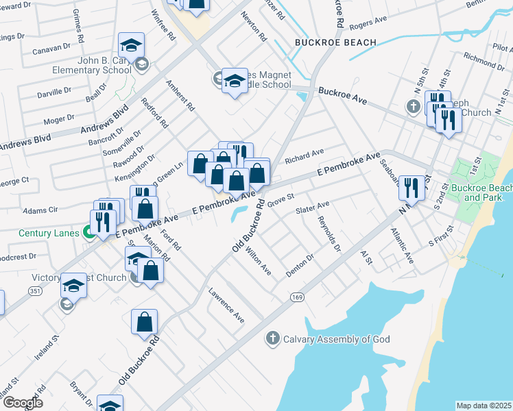 map of restaurants, bars, coffee shops, grocery stores, and more near 1413 Old Buckroe Road in Hampton