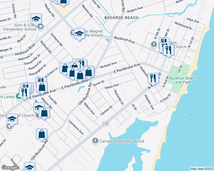 map of restaurants, bars, coffee shops, grocery stores, and more near 1539 Slater Avenue in Hampton