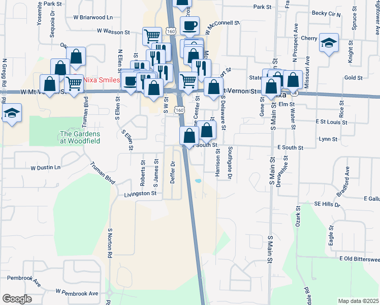 map of restaurants, bars, coffee shops, grocery stores, and more near 404 Massey Boulevard in Nixa