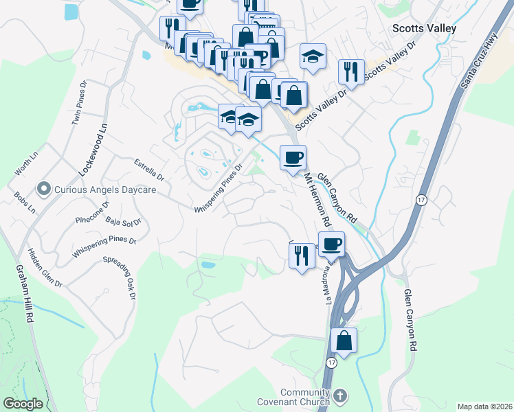 map of restaurants, bars, coffee shops, grocery stores, and more near 132 Arabian Way in Scotts Valley