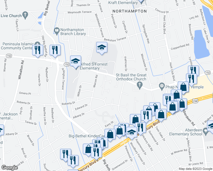 map of restaurants, bars, coffee shops, grocery stores, and more near 19 Hampstead Heath Way in Hampton