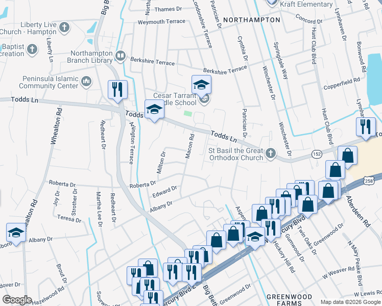 map of restaurants, bars, coffee shops, grocery stores, and more near 712 Macon Road in Hampton