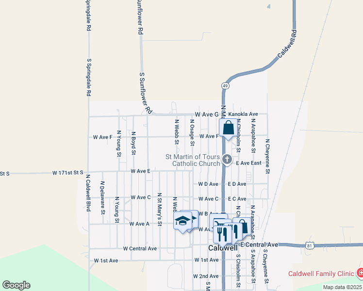 map of restaurants, bars, coffee shops, grocery stores, and more near 524 North Webb Street in Caldwell
