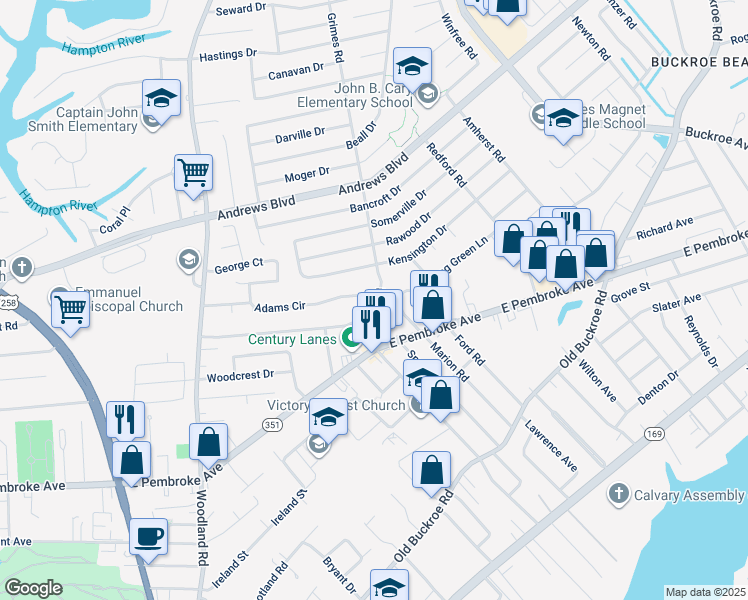 map of restaurants, bars, coffee shops, grocery stores, and more near 639 Grimes Road in Hampton
