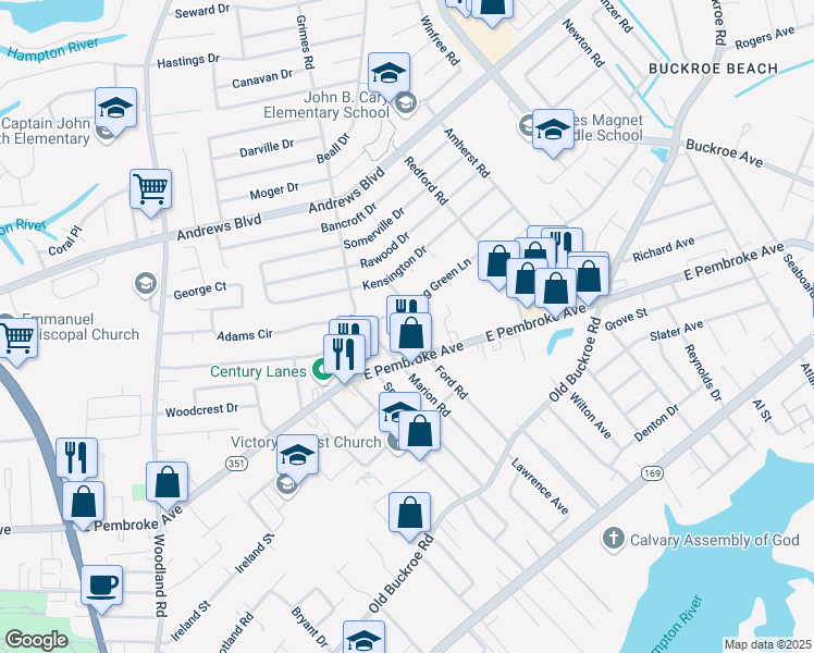 map of restaurants, bars, coffee shops, grocery stores, and more near 53 Phelps Circle in Hampton