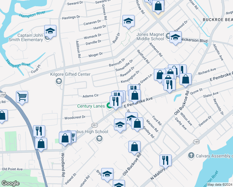 map of restaurants, bars, coffee shops, grocery stores, and more near 639 Grimes Road in Hampton