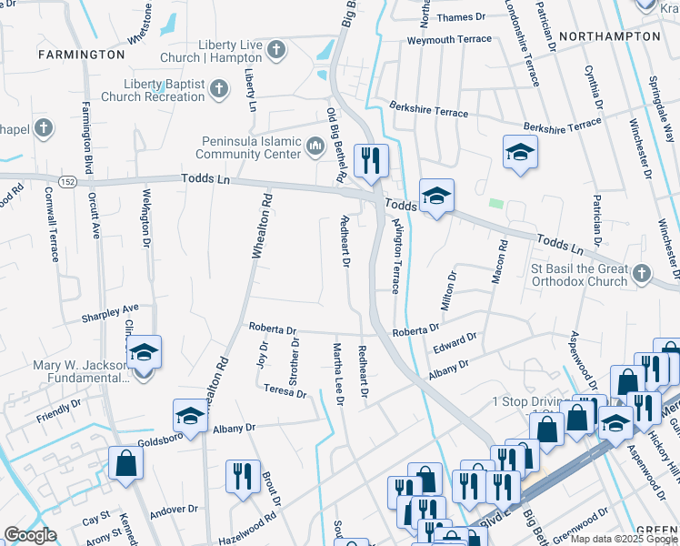 map of restaurants, bars, coffee shops, grocery stores, and more near 819 Redheart Drive in Hampton
