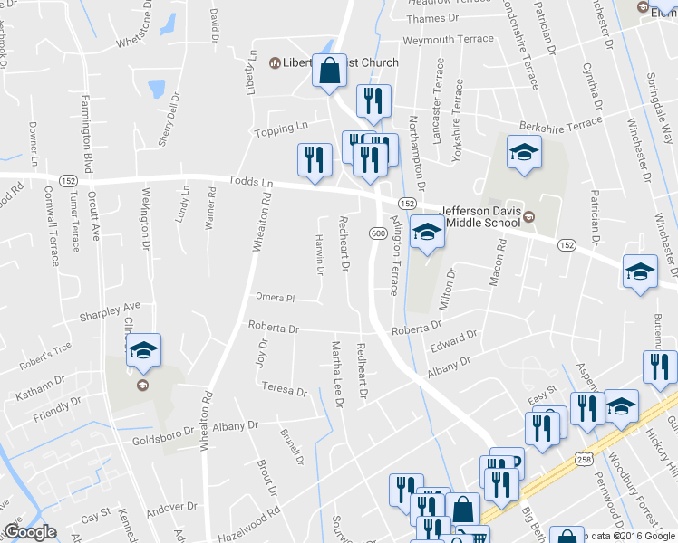 map of restaurants, bars, coffee shops, grocery stores, and more near 819 Redheart Drive in Hampton
