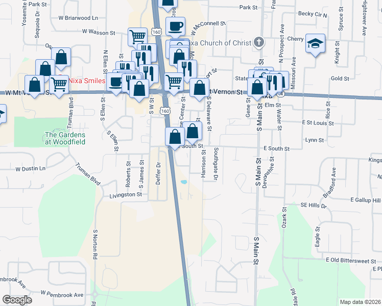 map of restaurants, bars, coffee shops, grocery stores, and more near 360 Patricia Avenue South in Nixa