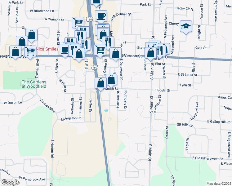 map of restaurants, bars, coffee shops, grocery stores, and more near 403 Harrison Street in Nixa