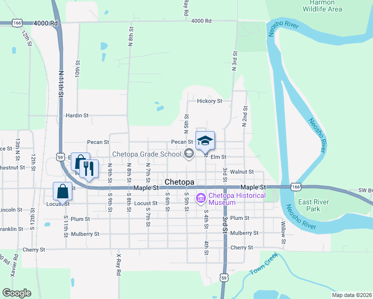 map of restaurants, bars, coffee shops, grocery stores, and more near 354 North 5th Street in Chetopa