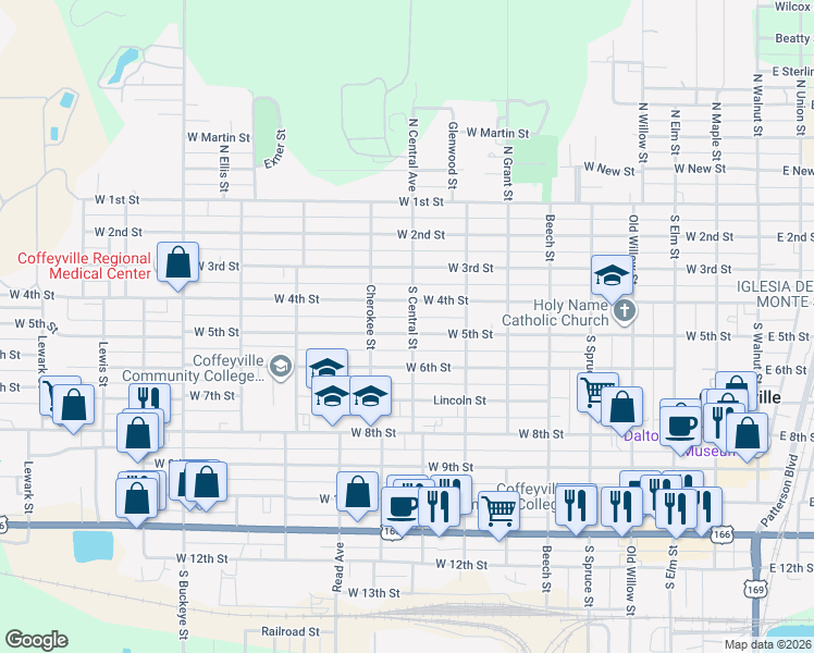 map of restaurants, bars, coffee shops, grocery stores, and more near 902 West 5th Street in Coffeyville