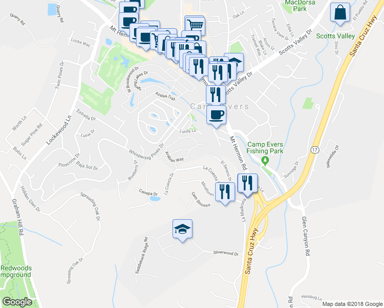 map of restaurants, bars, coffee shops, grocery stores, and more near 132 Arabian Way in Scotts Valley