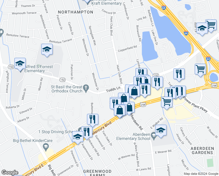 map of restaurants, bars, coffee shops, grocery stores, and more near 12 Bruins Way in Hampton
