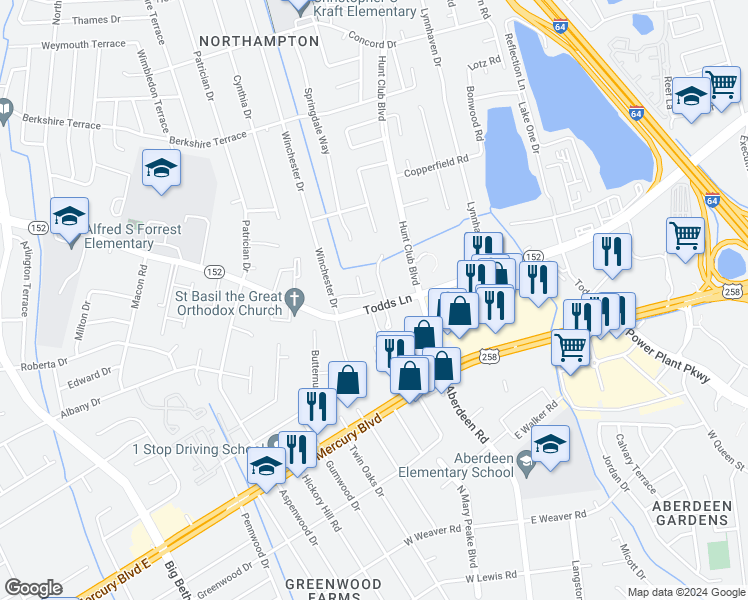 map of restaurants, bars, coffee shops, grocery stores, and more near 12 Bruins Way in Hampton