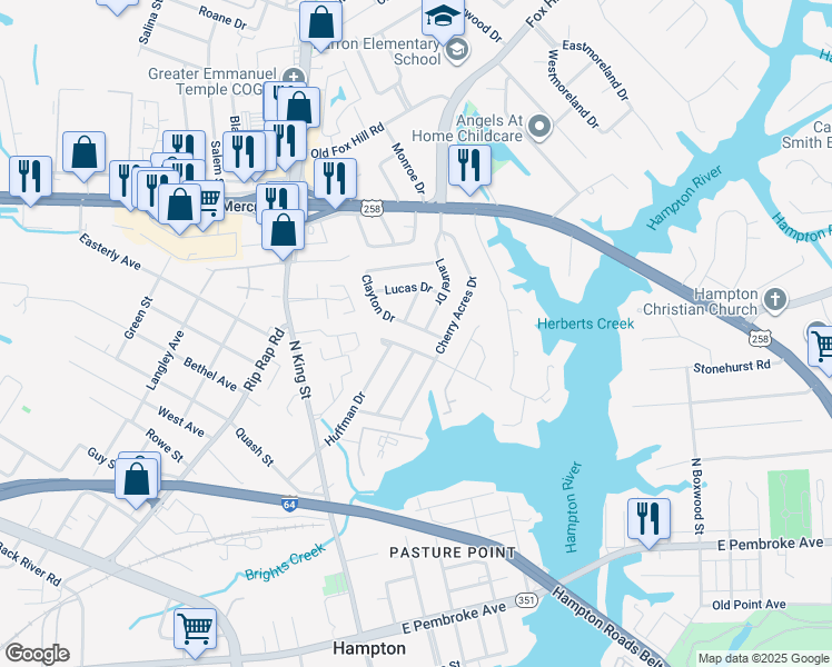 map of restaurants, bars, coffee shops, grocery stores, and more near 67 Clayton Drive in Hampton