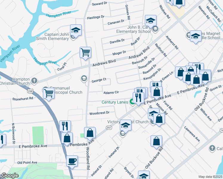 map of restaurants, bars, coffee shops, grocery stores, and more near 1507 Adams Circle in Hampton