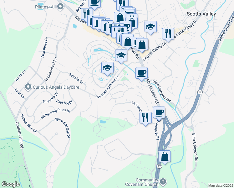 map of restaurants, bars, coffee shops, grocery stores, and more near 14 Carriage Lane in Scotts Valley