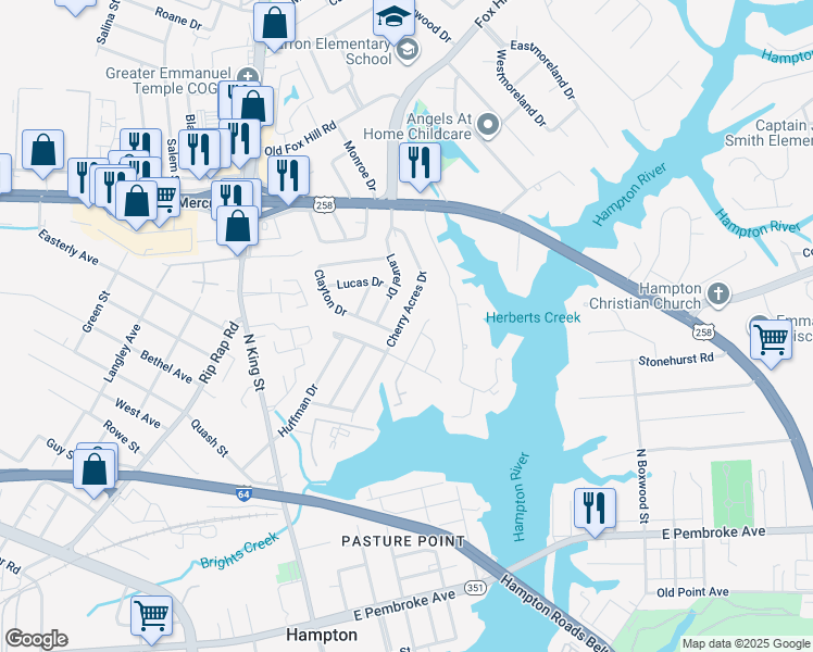 map of restaurants, bars, coffee shops, grocery stores, and more near 52 Cherry Acres Drive in Hampton