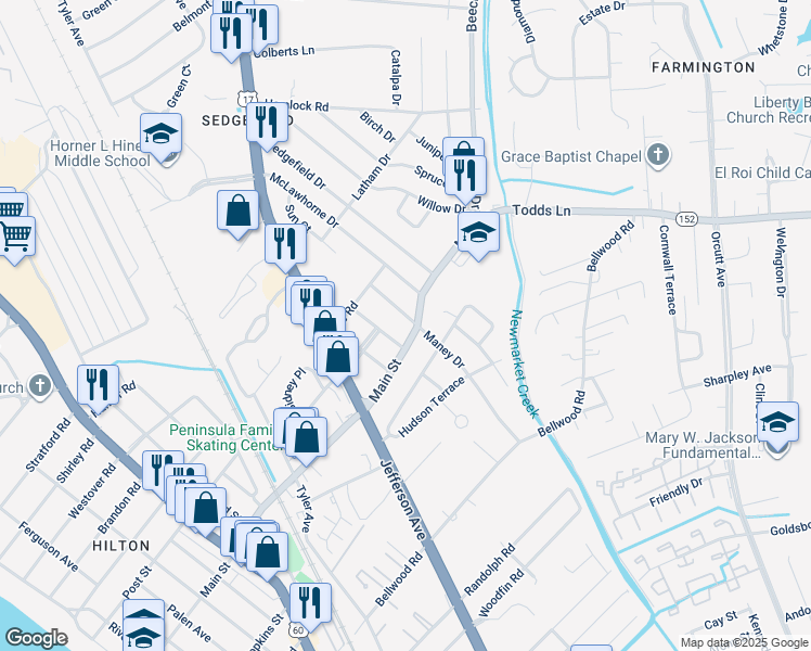 map of restaurants, bars, coffee shops, grocery stores, and more near 4 South Magruder Road in Newport News