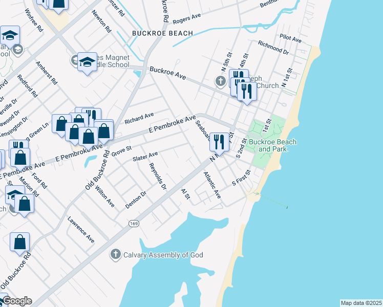 map of restaurants, bars, coffee shops, grocery stores, and more near 319 Atlantic Avenue in Hampton