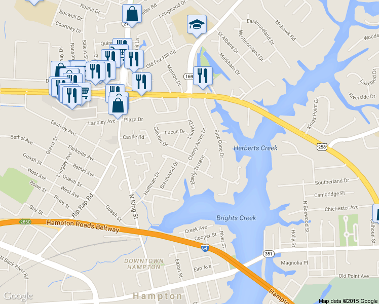 map of restaurants, bars, coffee shops, grocery stores, and more near 49 Cherry Acres Drive in Hampton