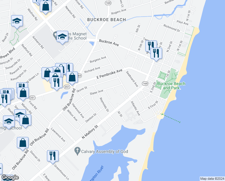 map of restaurants, bars, coffee shops, grocery stores, and more near 317 Mary Street in Hampton