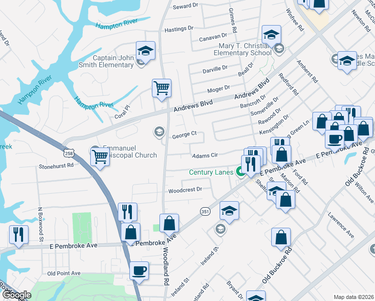 map of restaurants, bars, coffee shops, grocery stores, and more near 1415 Adams Circle in Hampton