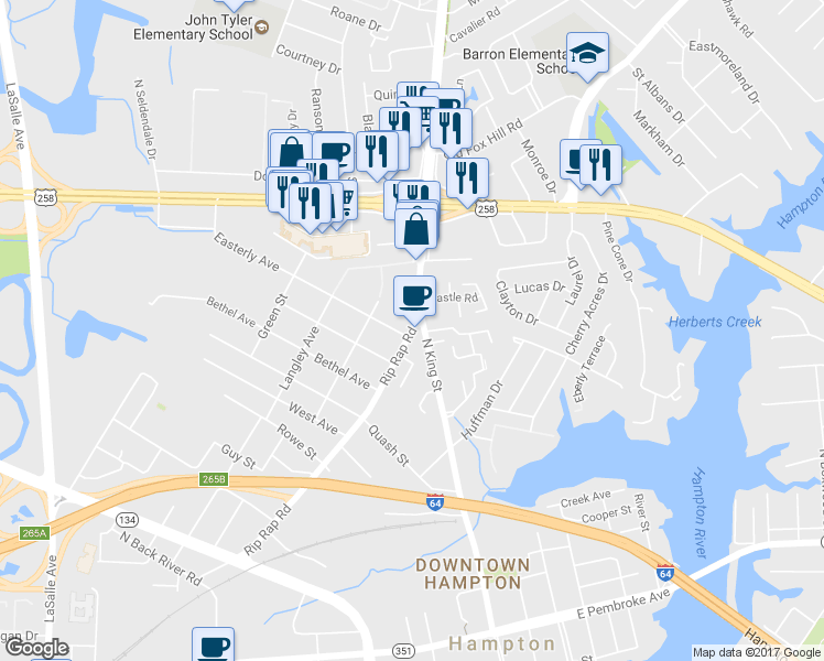 map of restaurants, bars, coffee shops, grocery stores, and more near 989 North King Street in Hampton