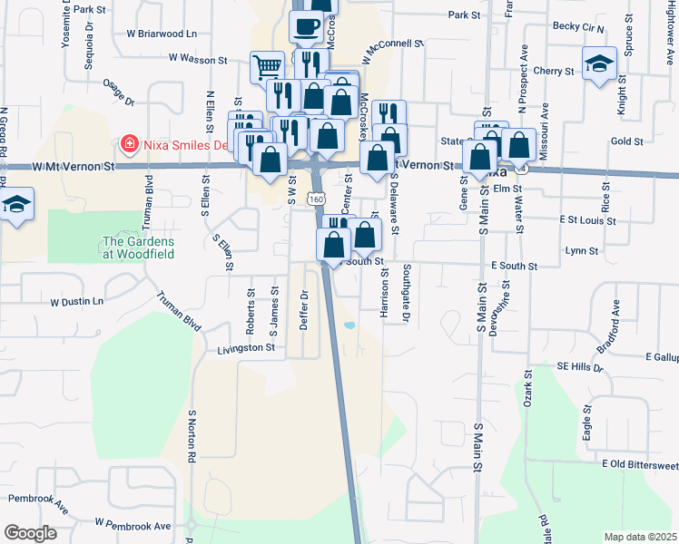 map of restaurants, bars, coffee shops, grocery stores, and more near 404 Massey Boulevard in Nixa