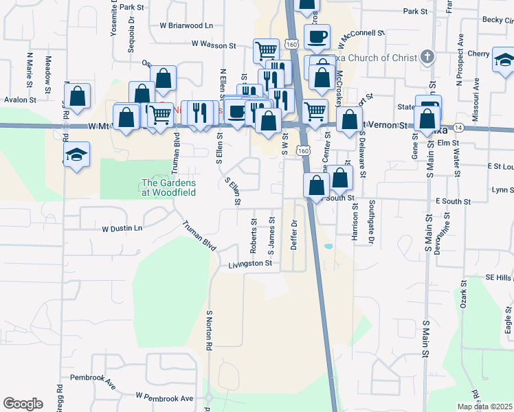 map of restaurants, bars, coffee shops, grocery stores, and more near 611 West Bryant Street in Nixa