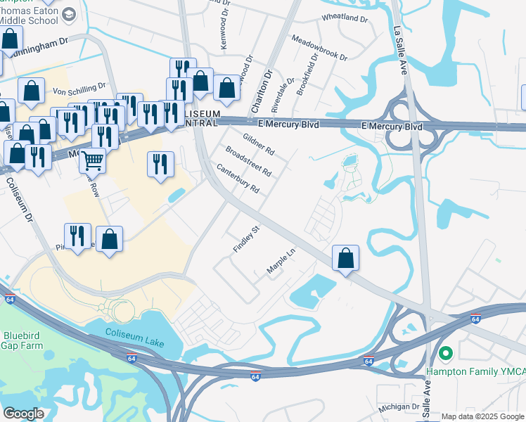 map of restaurants, bars, coffee shops, grocery stores, and more near 1798 North Armistead Avenue in Hampton