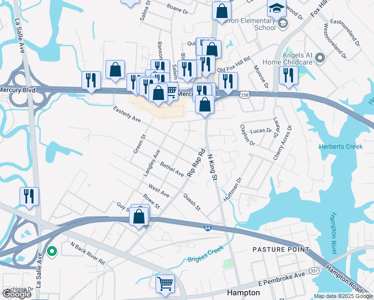 map of restaurants, bars, coffee shops, grocery stores, and more near 1011 Easterly Avenue in Hampton
