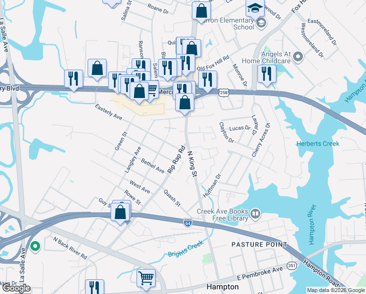 map of restaurants, bars, coffee shops, grocery stores, and more near 989 North King Street in Hampton