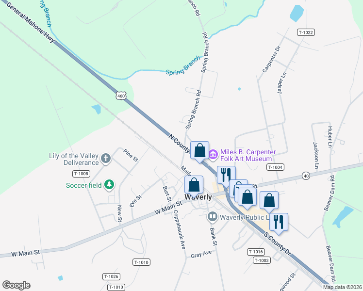 map of restaurants, bars, coffee shops, grocery stores, and more near U.S. 460 in Waverly