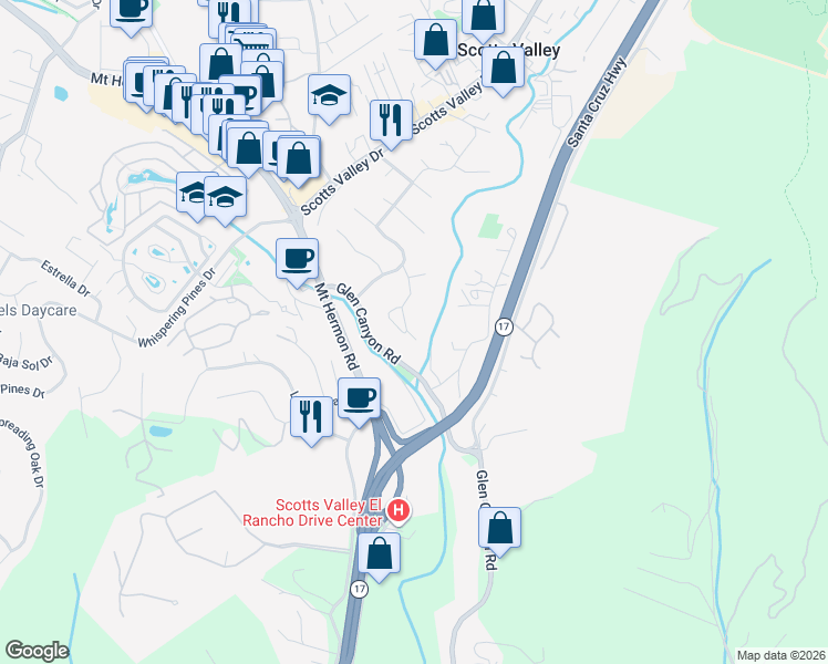 map of restaurants, bars, coffee shops, grocery stores, and more near 115 Kirkorian Court in Scotts Valley