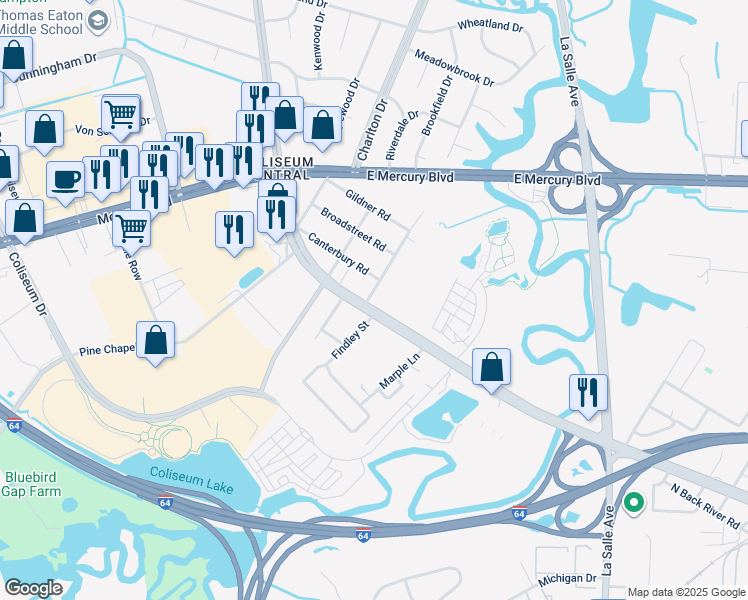 map of restaurants, bars, coffee shops, grocery stores, and more near 1798 North Armistead Avenue in Hampton