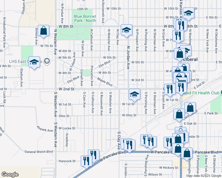 map of restaurants, bars, coffee shops, grocery stores, and more near 798 W 2nd St in Liberal