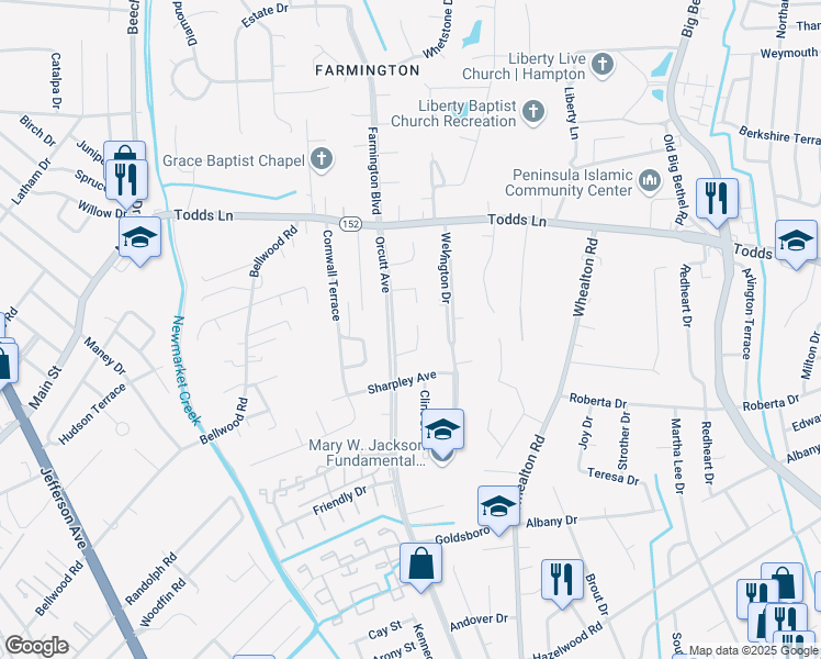 map of restaurants, bars, coffee shops, grocery stores, and more near 15 Patriot Crescent in Hampton