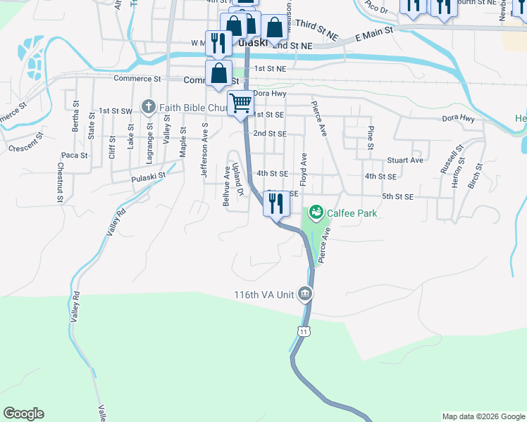 map of restaurants, bars, coffee shops, grocery stores, and more near 677 City View Heights in Pulaski
