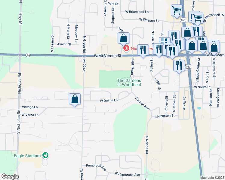 map of restaurants, bars, coffee shops, grocery stores, and more near 401 Wesley Avenue in Nixa