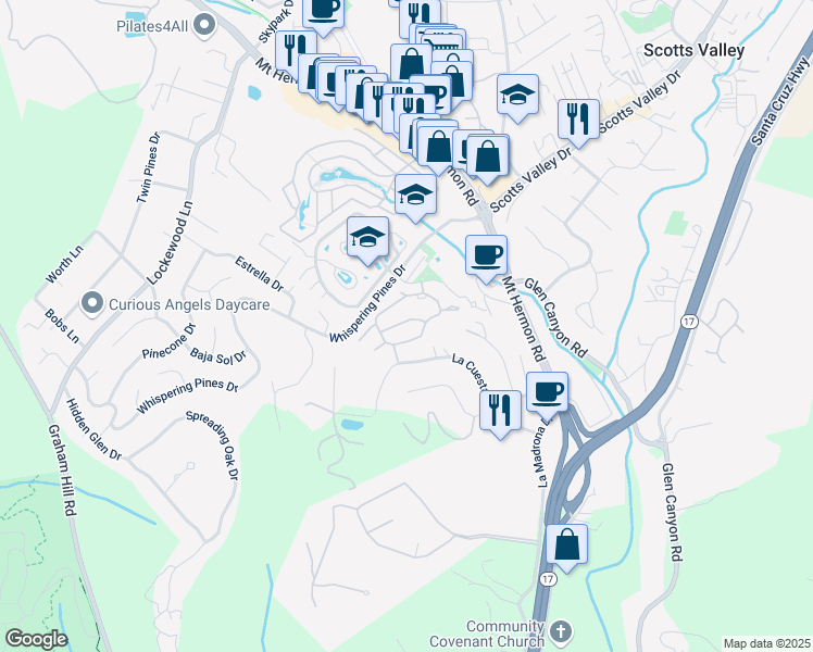 map of restaurants, bars, coffee shops, grocery stores, and more near 123 Arabian Way in Scotts Valley