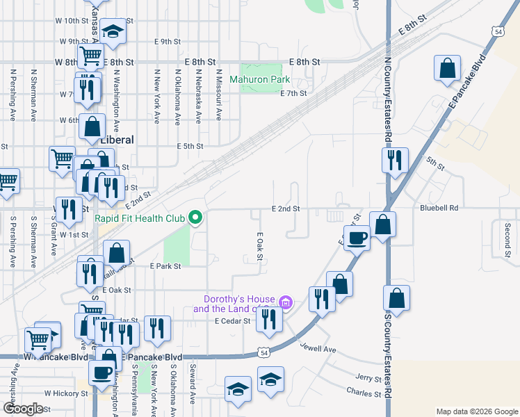 map of restaurants, bars, coffee shops, grocery stores, and more near 700 Oak Street in Liberal