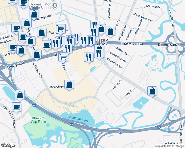 map of restaurants, bars, coffee shops, grocery stores, and more near 212 Pine Chapel Road in Hampton