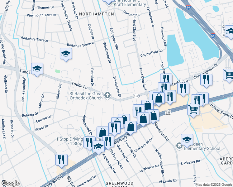 map of restaurants, bars, coffee shops, grocery stores, and more near 103 Winchester Dr in Hampton