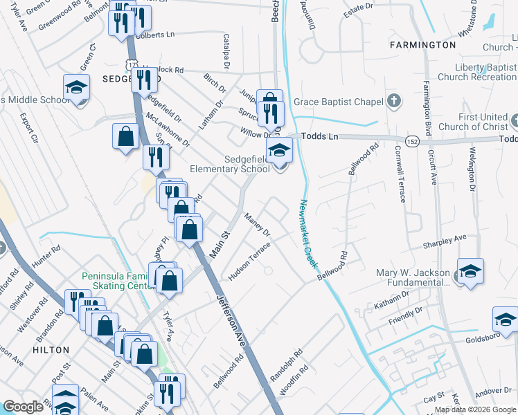 map of restaurants, bars, coffee shops, grocery stores, and more near 801 Lafayette Terrace in Newport News
