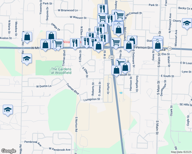 map of restaurants, bars, coffee shops, grocery stores, and more near 611 West Bryant Street in Nixa
