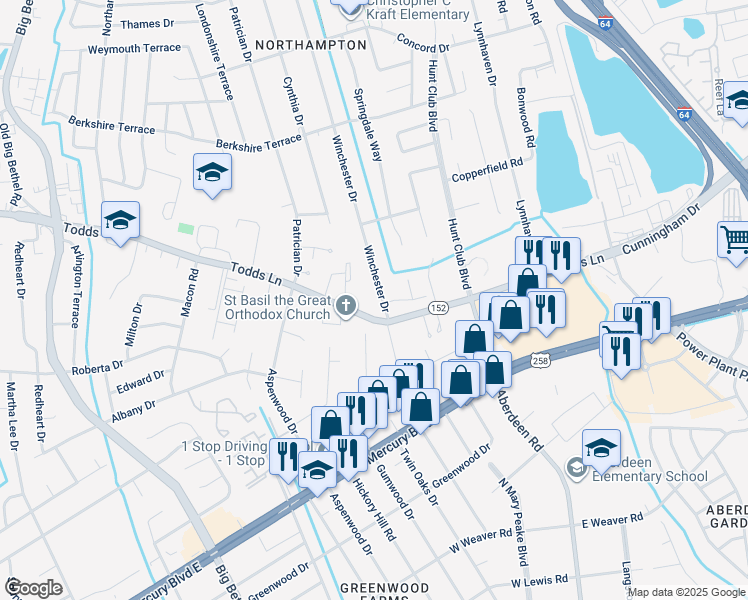 map of restaurants, bars, coffee shops, grocery stores, and more near 103 Winchester Dr in Hampton