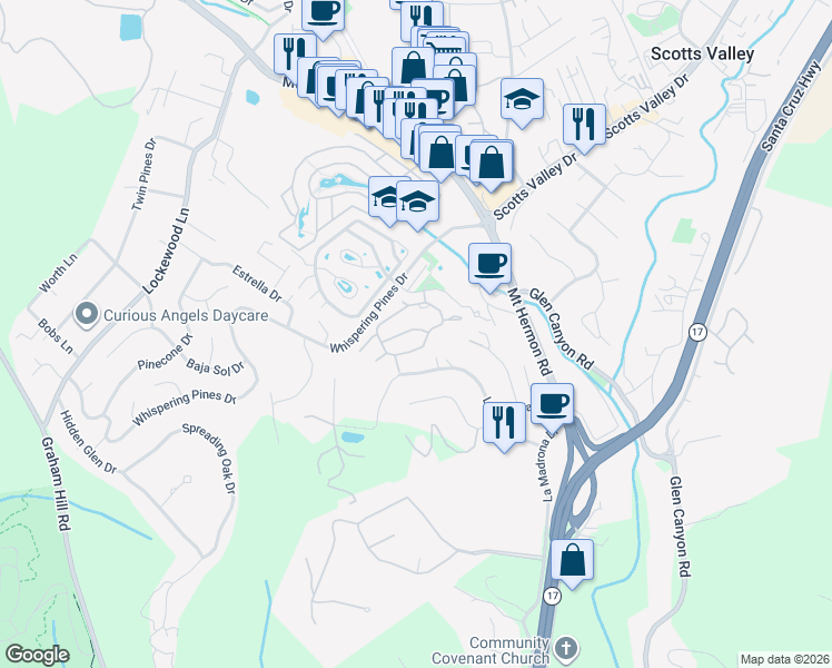 map of restaurants, bars, coffee shops, grocery stores, and more near 26 Carriage Lane in Scotts Valley